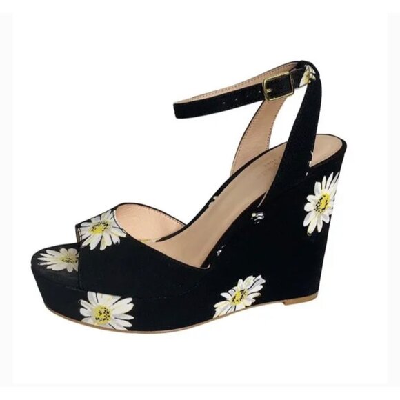 Kate Spade Dellie Women Black Canvas Floral Print Platform Wedge Size 10M - Picture 1 of 9